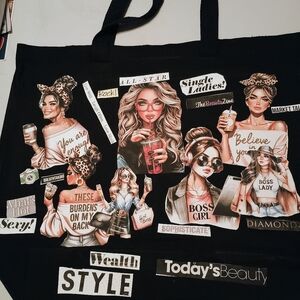 Trendy Black Tote Bag with Fashion Graphics